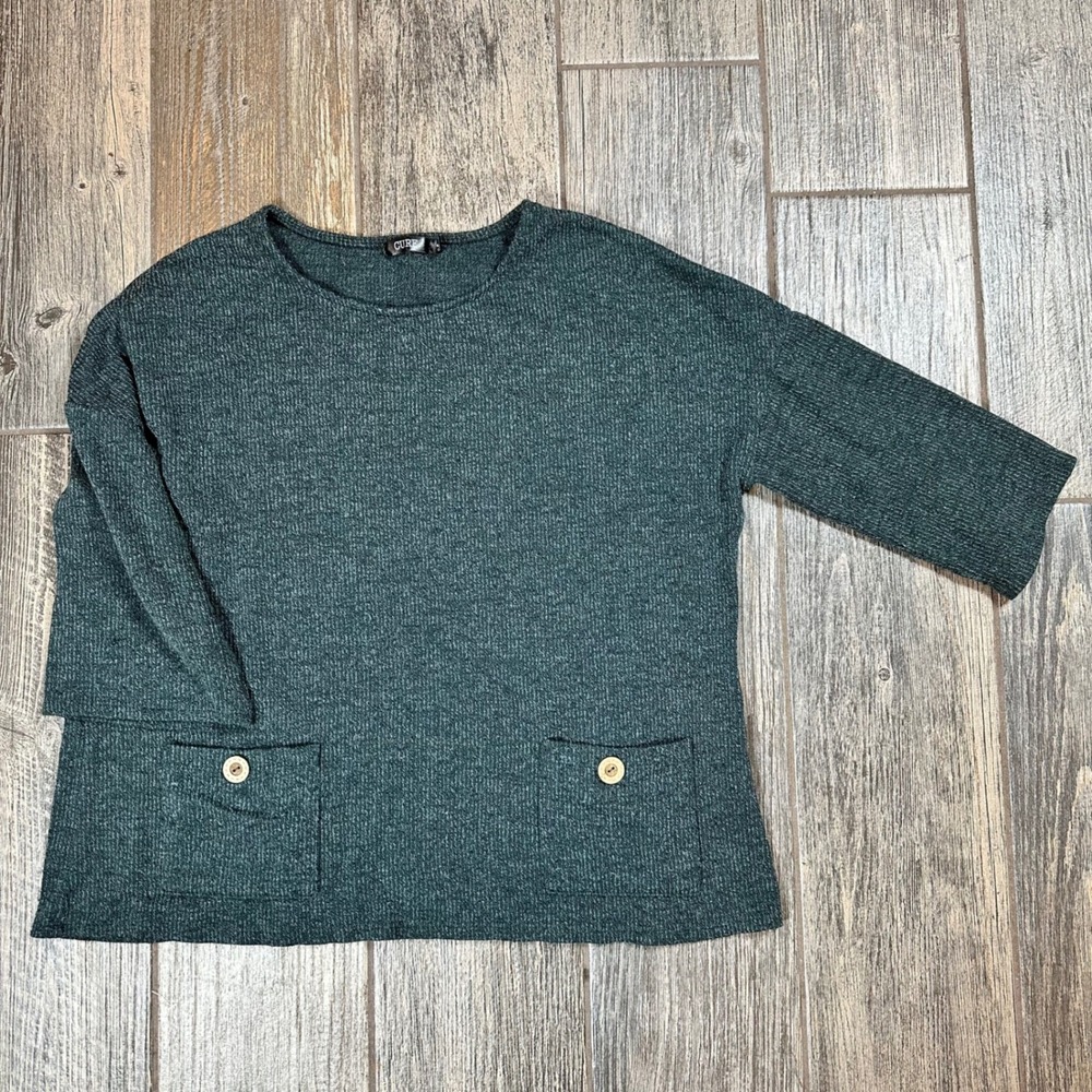 CURE Womens Green Ribbed 3/4‎ Sleeve Sweater Knit Top Size L Pockets